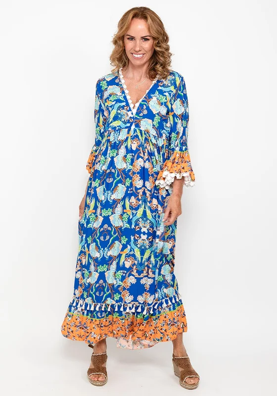 Seventy1 One Size Floral Bell Sleeve Maxi Dress, Blue Fashionable Sleeveless Maxi Dress