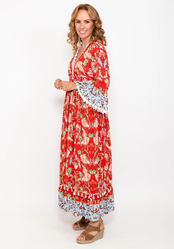 Seventy1 One Size Floral Bell Sleeve Maxi Dress, Red Classic Black Maxi Dress