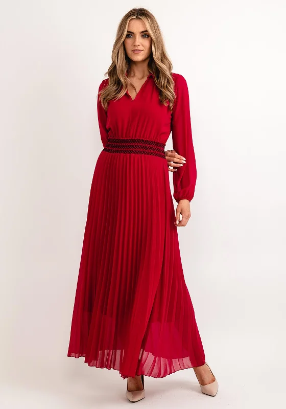 Seventy1 One Size Pleated Embroidered Waist Maxi Dress, Berry Elegant Maxi Dress with Belt