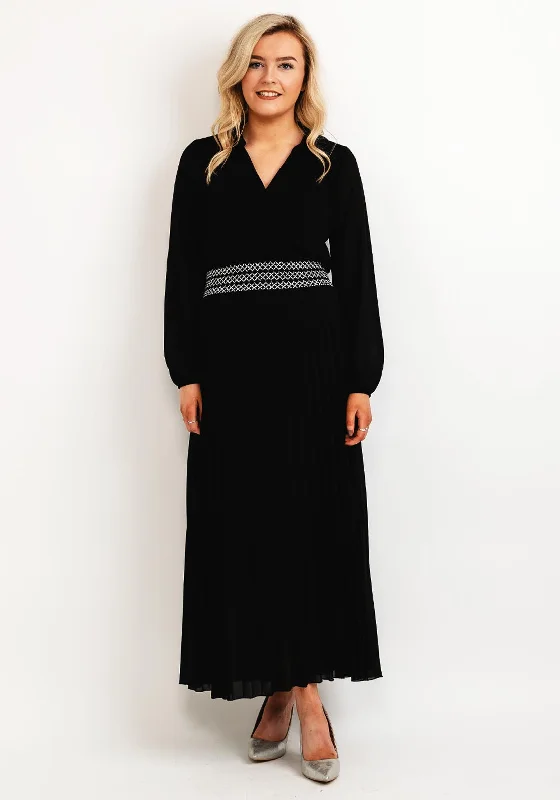 Seventy1 One Size Pleated Embroidered Waist Maxi Dress, Black Stylish Maxi Dress with Frills