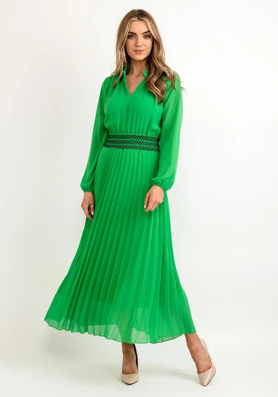 Seventy1 One Size Pleated Embroidered Waist Maxi Dress, Emerald Green Trendy Maxi Dress with Lace