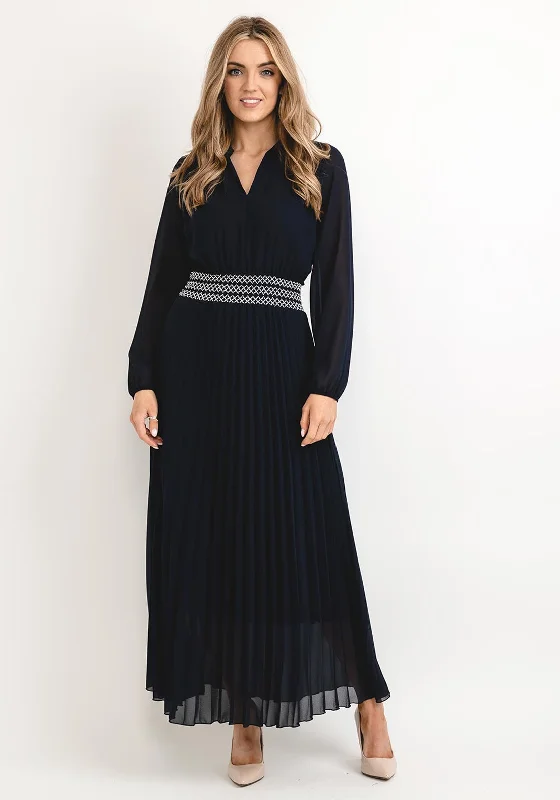 Seventy1 One Size Pleated Embroidered Waist Maxi Dress, Navy Stylish Maxi Dress with Pleats