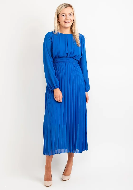 Seventy1 One Size Pleated Round Neck Maxi Dress, Royal Blue Fashionable Faux Wrap Maxi Dress