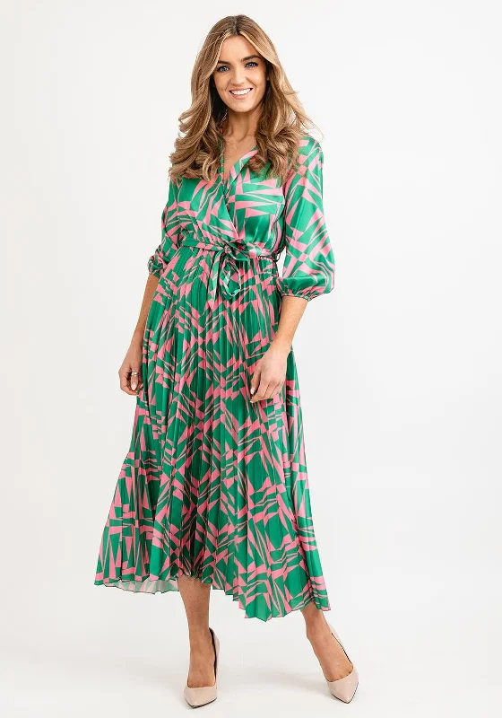 Seventy1 One Size Printed Design Pleated Maxi Dress, Green & Pink Stylish Long Sleeve Maxi Dress