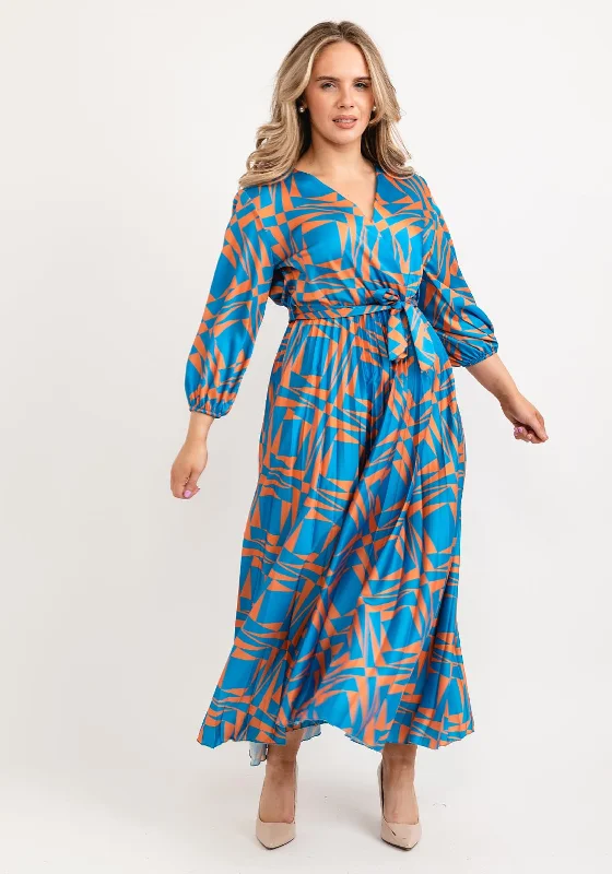 Seventy1 One Size Shape Pleated Maxi Dress, Blue & Orange Comfortable Plunging Neckline Maxi Dress