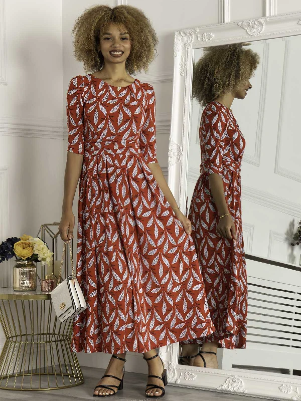 Sienna 3/4 Sleeve Maxi Dress, Red Leafy Stylish Long Sleeve Maxi Dress