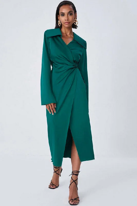 Silky Satin Long Sleeve Cocktail Party Wrap Maxi Dress - Emerald Green Trendy Ruffled Maxi Dress