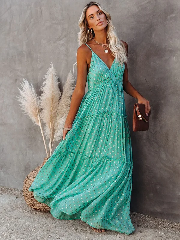 BerriesJam - 2024 Sleeveless V Neck Spaghetti Strap Summer Maxi Dress Trendy Printed Maxi Dress