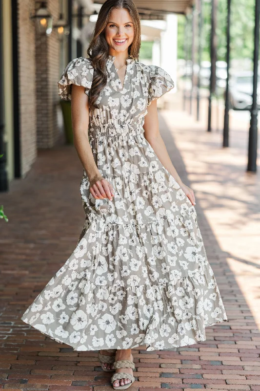 Take Note Taupe Floral Maxi Dress Classic A-Line Maxi Dress