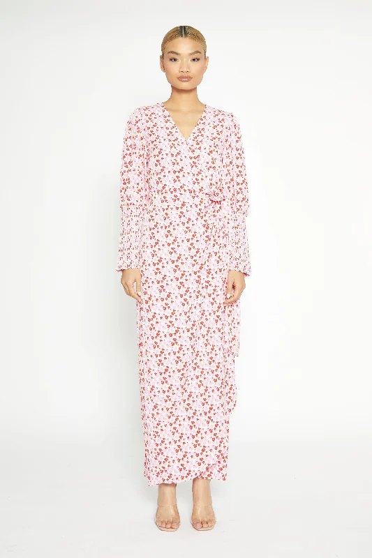 White-Red-Pink-Floral Wrap Maxi Dress Cozy Knitted Maxi Dress