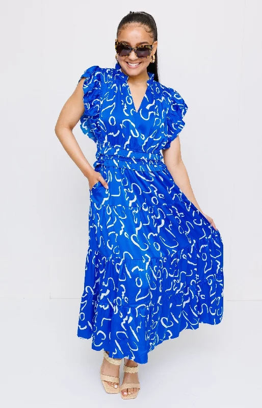 THML: Serpentine Sway Maxi Dress, BLUE Trendy Maxi Dress with Straps