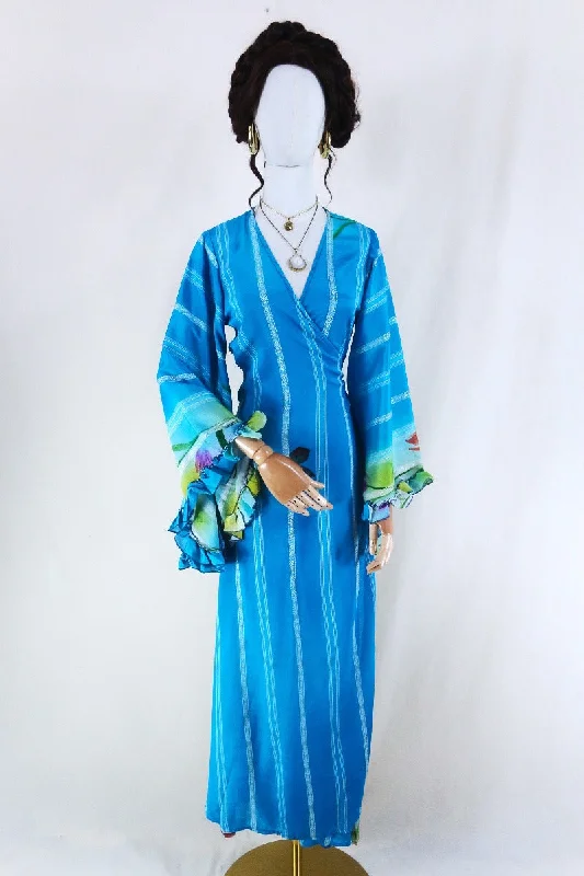 Venus Maxi Dress - Vintage Sari - Embroidered Sky Blue Stripe - Size S/M Cozy Ribbed Maxi Dress