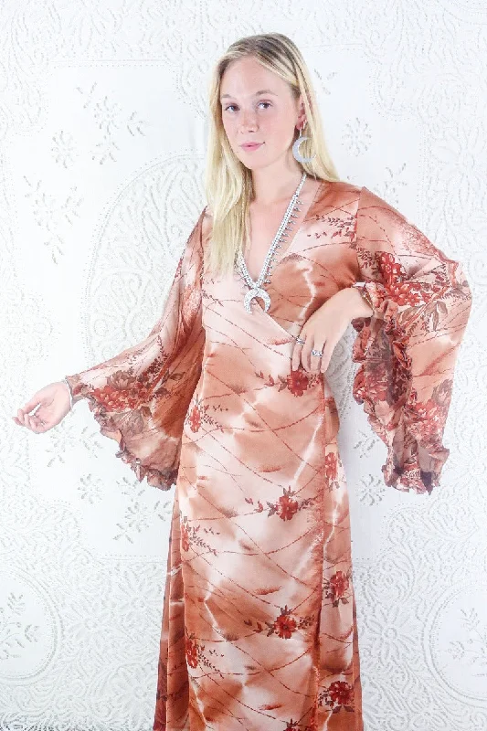 Venus Maxi Dress - Vintage Sari - Rose Gold & Russet Wildflower - Size XS Fashionable High-Low Maxi Dress