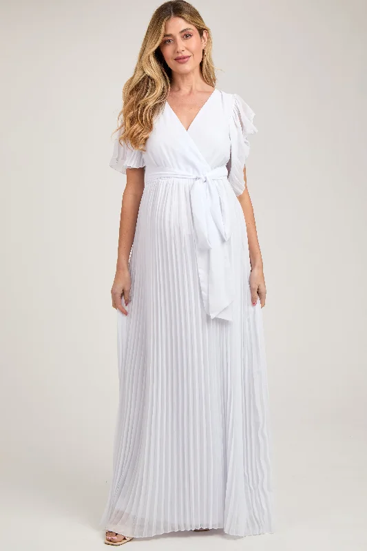 White Chiffon Wrap Front V-Neck Short Sleeve Pleated Maternity Maxi Dress Fashionable Sheer Maxi Dress