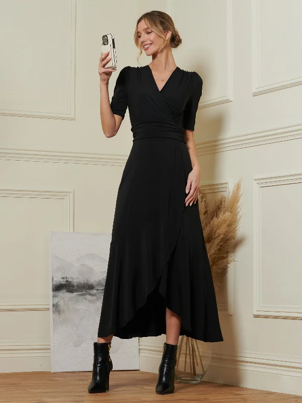 Wrap Front Frill Hem Maxi Dress, Black Comfortable Plunging Neckline Maxi Dress