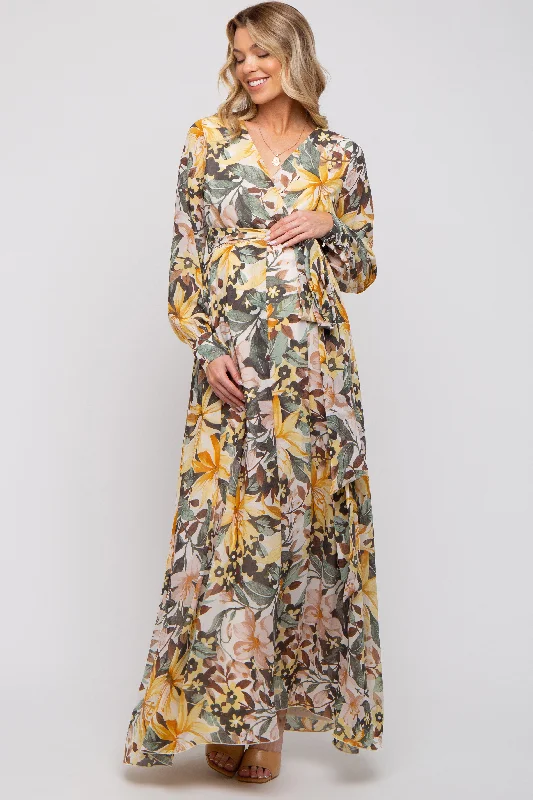 Yellow Floral Chiffon Wrap Front V-Neck Long Sleeve Maternity Maxi Dress Trendy Button Front Maxi Dress