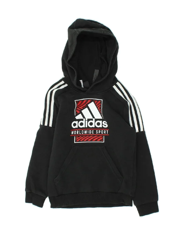 ADIDAS Boys Graphic Hoodie Jumper 7-8 Years Black Cotton Hoodie with Drop Shoulder Relaxed Streetwear