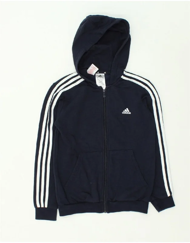 ADIDAS Boys Graphic Zip Hoodie Sweater 11-12 Years Navy Blue Cotton Hoodie with High-Low Hem Asymmetrical Trendy