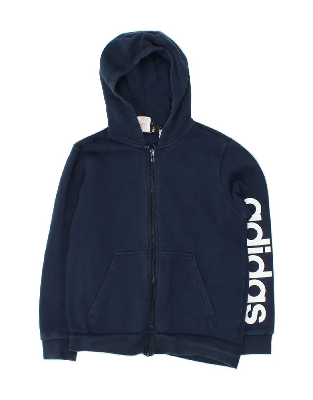 ADIDAS Boys Graphic Zip Hoodie Sweater 13-14 Years Navy Blue Cotton Hoodie with Hem Fringe Bohemian Relaxed