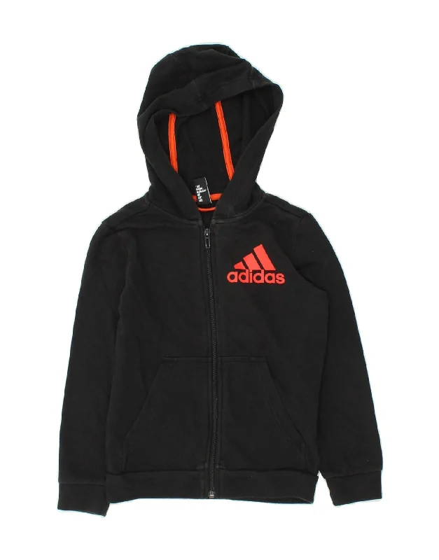 ADIDAS Boys Graphic Zip Hoodie Sweater 7-8 Years Black Cotton Hoodie with Magnetic Closure Innovative Modern