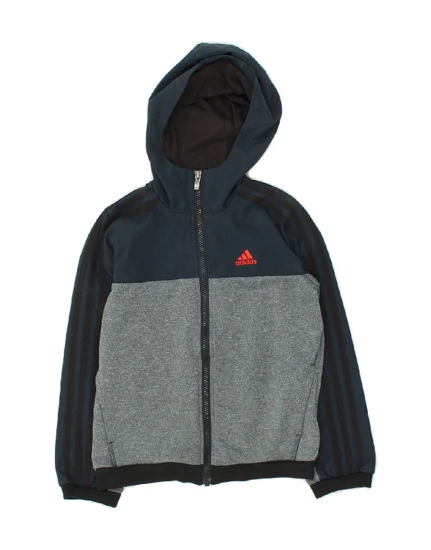 ADIDAS Boys Graphic Zip Hoodie Sweater 7-8 Years Navy Blue Colourblock Hoodie with Hem Raw Edge Edgy Unfinished