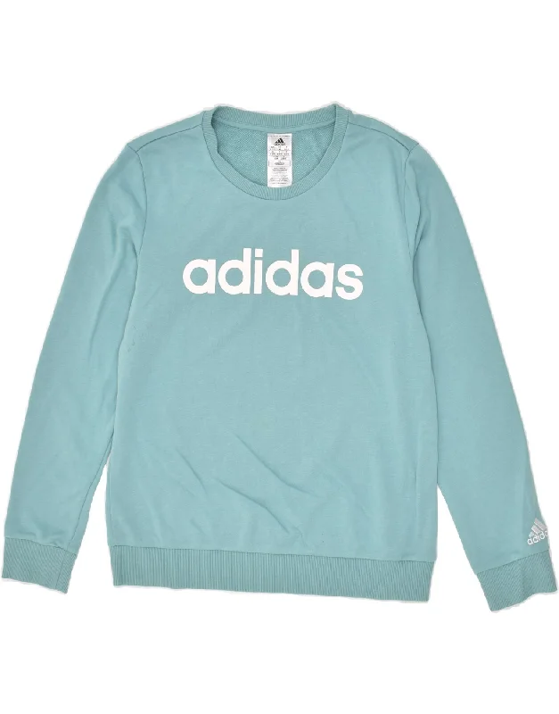 ADIDAS Womens Graphic Sweatshirt Jumper UK 12/14 Medium Blue Cotton Hoodie with Distressed Vintage Worn