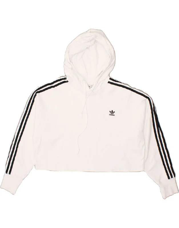 ADIDAS Womens Oversized Crop Hoodie Jumper UK 10 Small White Cotton Hoodie with Hem Detail Decorative Unique