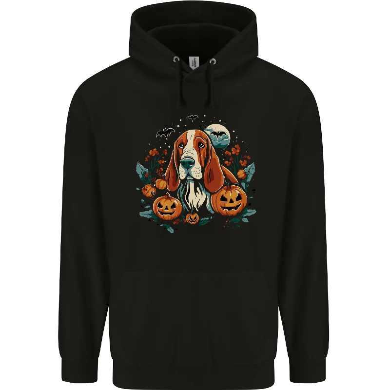 Basset Dog With Pumpkins Halloween Mens 80% Cotton Hoodie Hoodie with Ribbed Cuffs Snug Fit Comfort