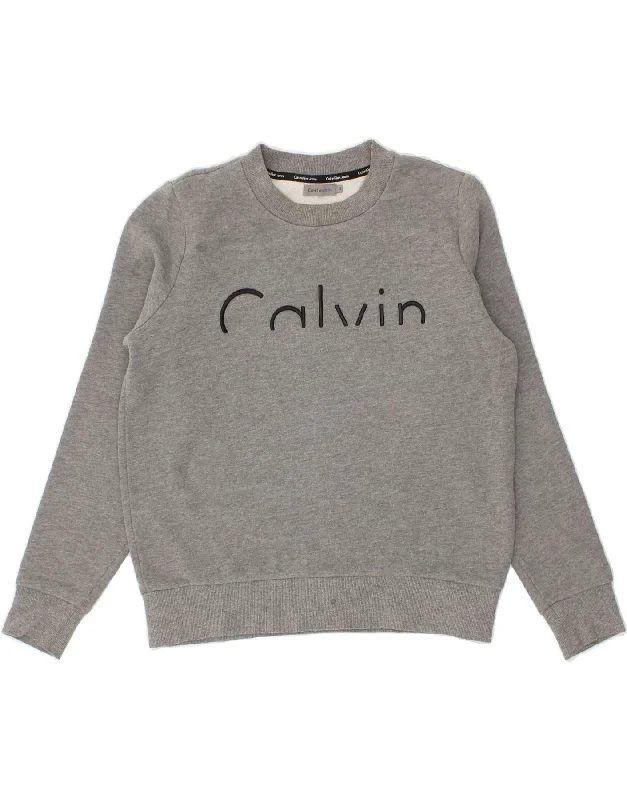 CALVIN KLEIN Mens Graphic Sweatshirt Jumper Small Grey Cotton Hoodie with Elastic Cuffs Stretchable Comfortable