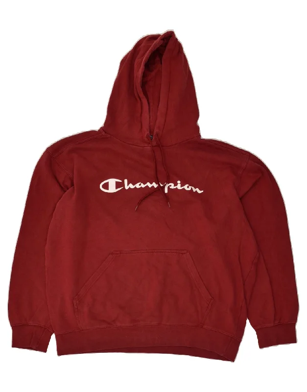 CHAMPION Mens Graphic Hoodie Jumper XL Burgundy Cotton Hoodie with Front Slit Layering Stylish