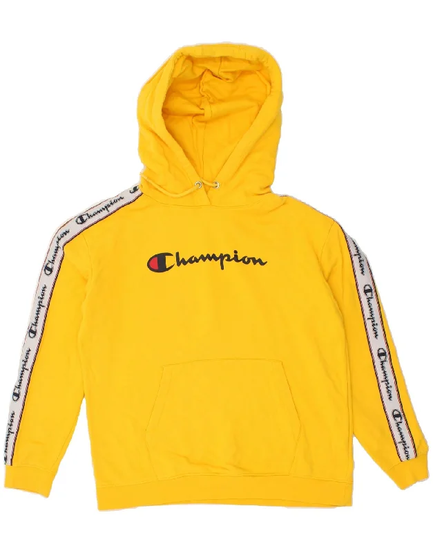 CHAMPION Mens Graphic Hoodie Jumper XL Yellow Cotton Hoodie with Double Zipper Versatile Adjustable