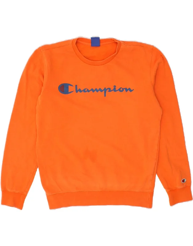 CHAMPION Mens Graphic Sweatshirt Jumper Small Orange Cotton Hoodie with Mock Neck Collared Structured