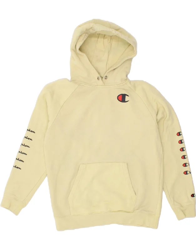 CHAMPION Womens Graphic Hoodie Jumper UK 14 Medium Yellow Cotton Hoodie with Bell Sleeves Flared Feminine