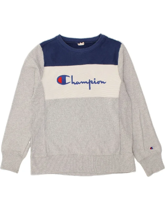 CHAMPION Womens Graphic Sweatshirt Jumper UK 16 Large Grey Colourblock Hoodie with Cuffed Sleeves Snug Secure