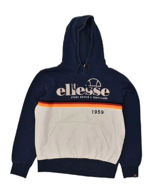 ELLESSE Womens Graphic Hoodie Jumper UK 18 XL Navy Blue Colourblock Cotton Hoodie with Belted Waist Structured Tailored