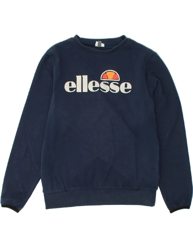 ELLESSE Womens Graphic Sweatshirt Jumper UK 14 Large  Navy Blue Cotton Hoodie with Hem Fringe Bohemian Relaxed