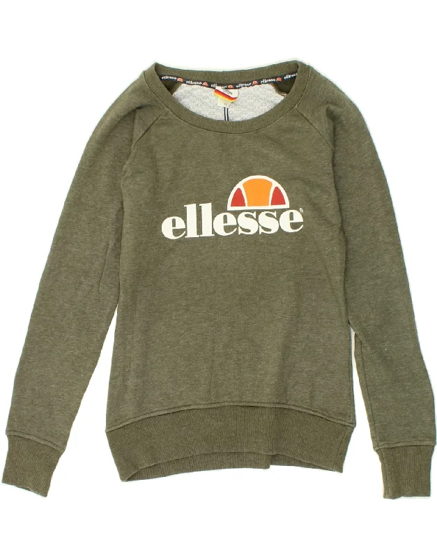 ELLESSE Womens Graphic Sweatshirt Jumper UK 4 XS Green Cotton Hoodie with Cuffed Sleeves Snug Secure