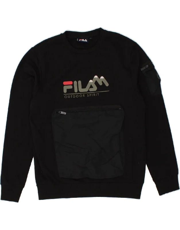 FILA Mens Graphic Sweatshirt Jumper Large Black Cotton Hoodie with Back Slit Movement Comfort