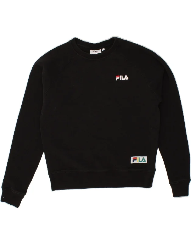 FILA Womens Graphic Sweatshirt Jumper UK 6 XS Black Cotton Hoodie with Cropped Fit Short Trendy