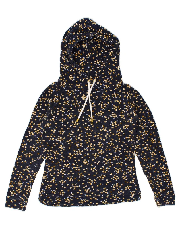 JOULES Womens Hoodie Jumper UK 8 Small Navy Blue Floral Cotton Hoodie with Drawcord Adjustable Secure