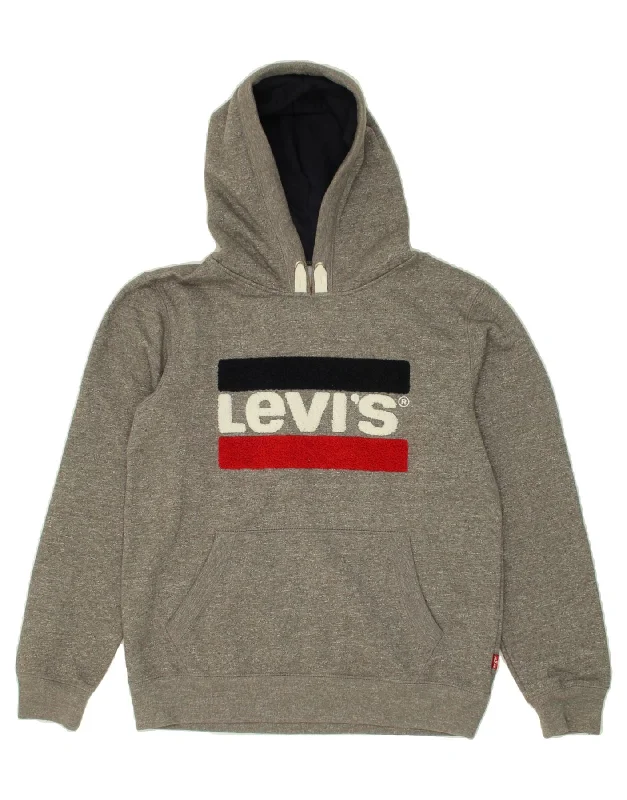 LEVI'S Boys Graphic Hoodie Jumper 15-16 Years Grey Cotton Hoodie with Strings Custom Fit Adjustable