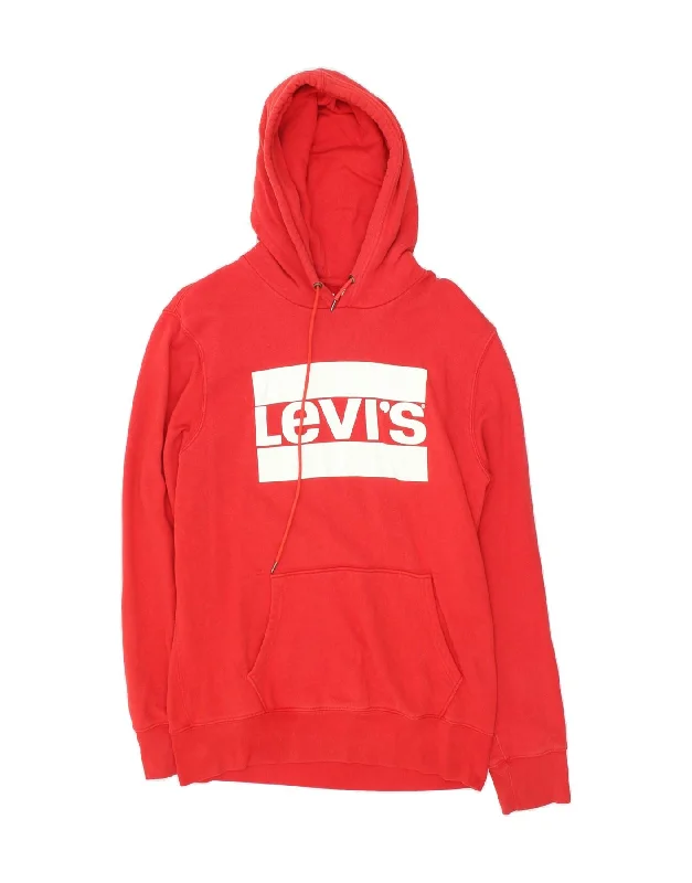 LEVI'S Mens Graphic Hoodie Jumper Medium Red Cotton Hoodie with Contrast Stitching Detailed Premium