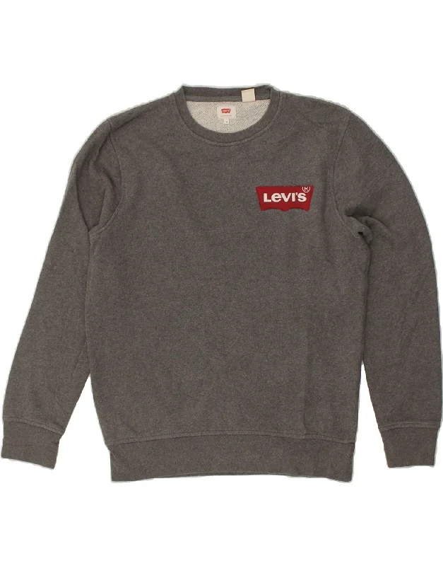 LEVI'S Mens Sweatshirt Jumper Medium Grey Cotton Hoodie with Ribbed Hem Stretchable Secure