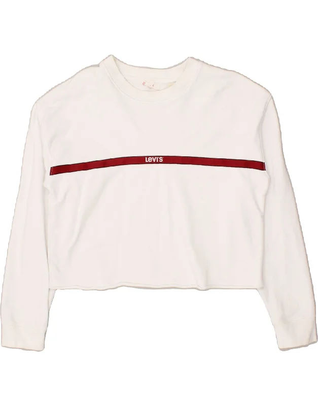 LEVI'S Womens Oversized Crop Sweatshirt Jumper UK 6 XS White Striped Hoodie Sweatshirt Pullover