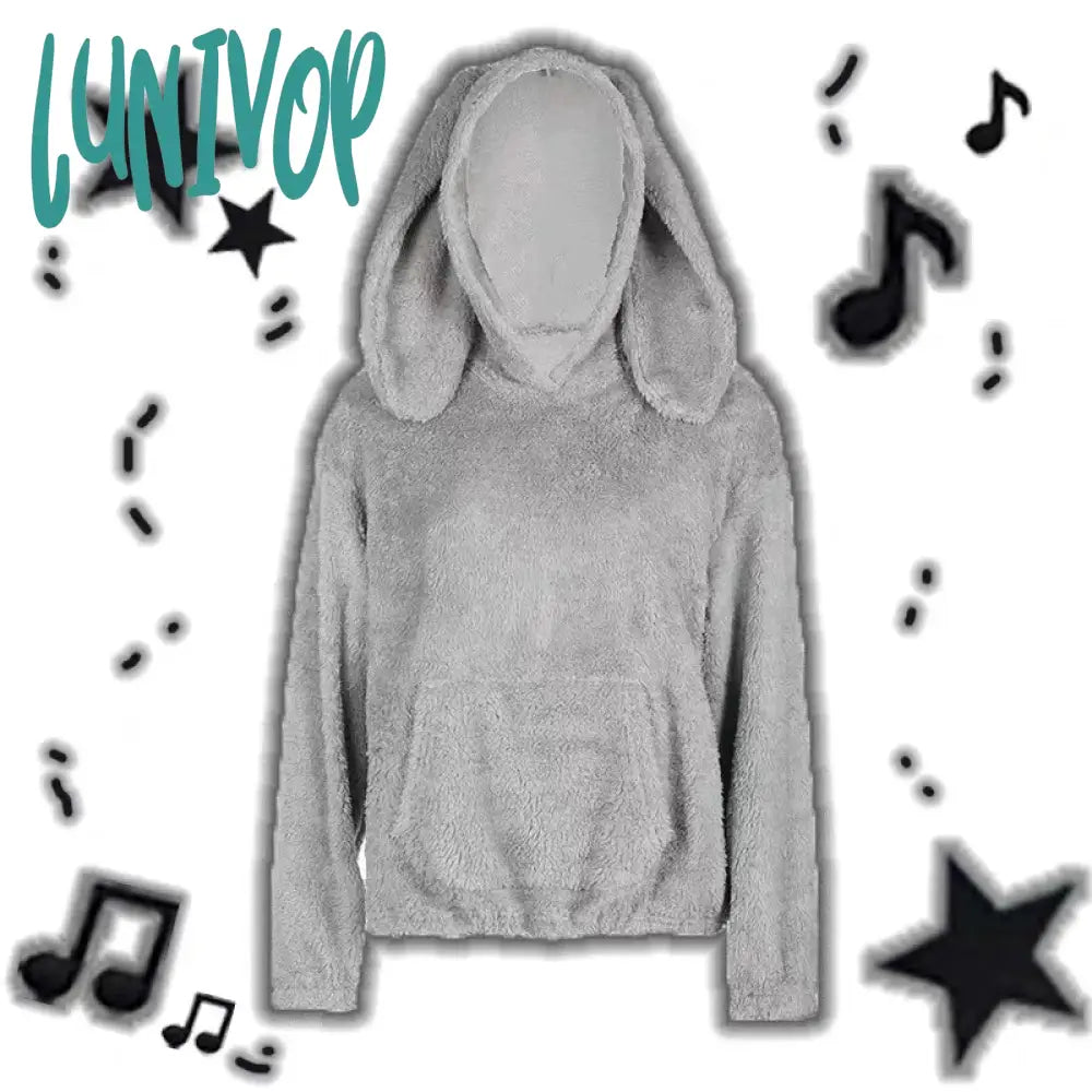 Lunivop Kawaii Rabbit Ears Hoodies for Women Winter Fleece Warm Loose Hooded Harajuku Y2K Casual Pullover Coat Cute Sweet Girls Jacket Hoodie with Patch Decorative Personalized