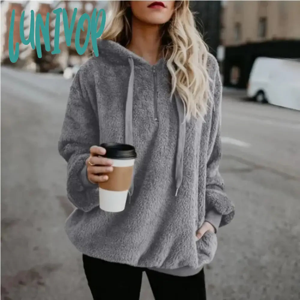 Lunivop Winter Women Sherpa Hoodies Oversized Fleece Hooded Pullover Loose Fluffy Coat Warm Streetwear Hoodies Hoodie with Ribbed Neckline Snug Warm