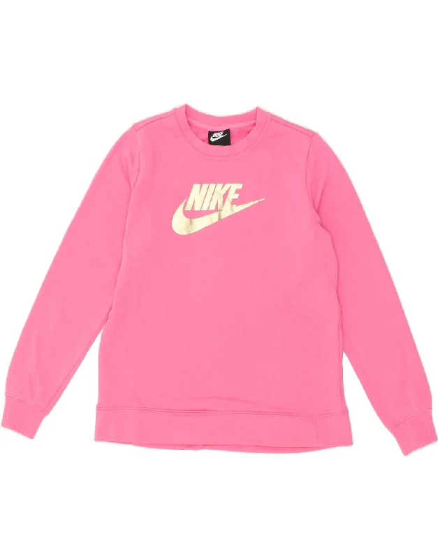 NIKE Girls Graphic Sweatshirt Jumper 13-14 Years XL Pink Cotton Hoodie with Applique Textured Unique