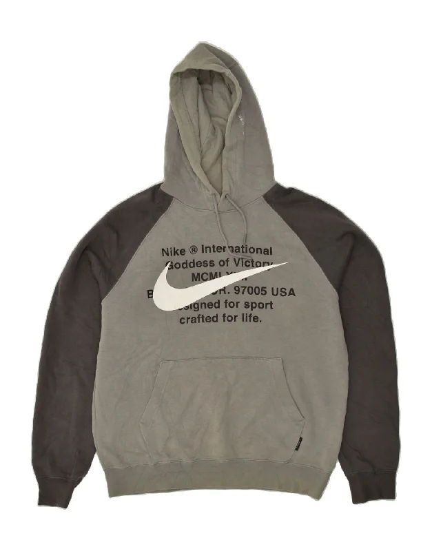 NIKE Mens Graphic Hoodie Jumper Medium Grey Colourblock Cotton Hoodie with High-Low Hem Asymmetrical Trendy