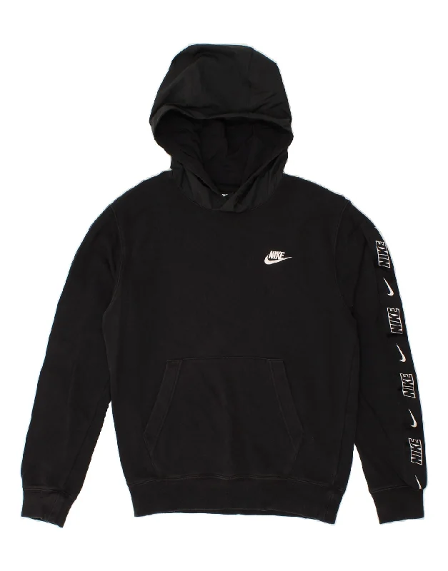 NIKE Mens Graphic Hoodie Jumper XS Black Cotton Hoodie with Applique Textured Unique