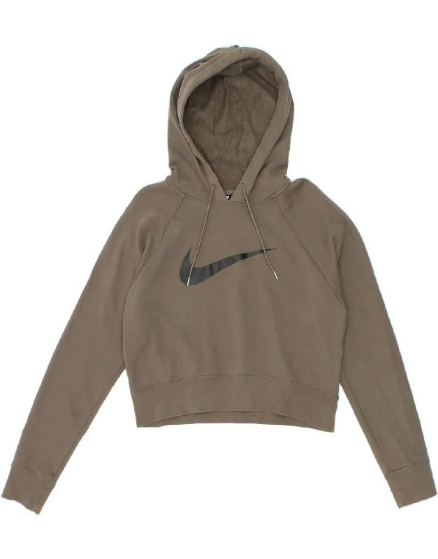 NIKE Womens Graphic Crop Hoodie Jumper UK 14 Large Grey Cotton Hoodie with Raglan Sleeves Sporty Comfortable